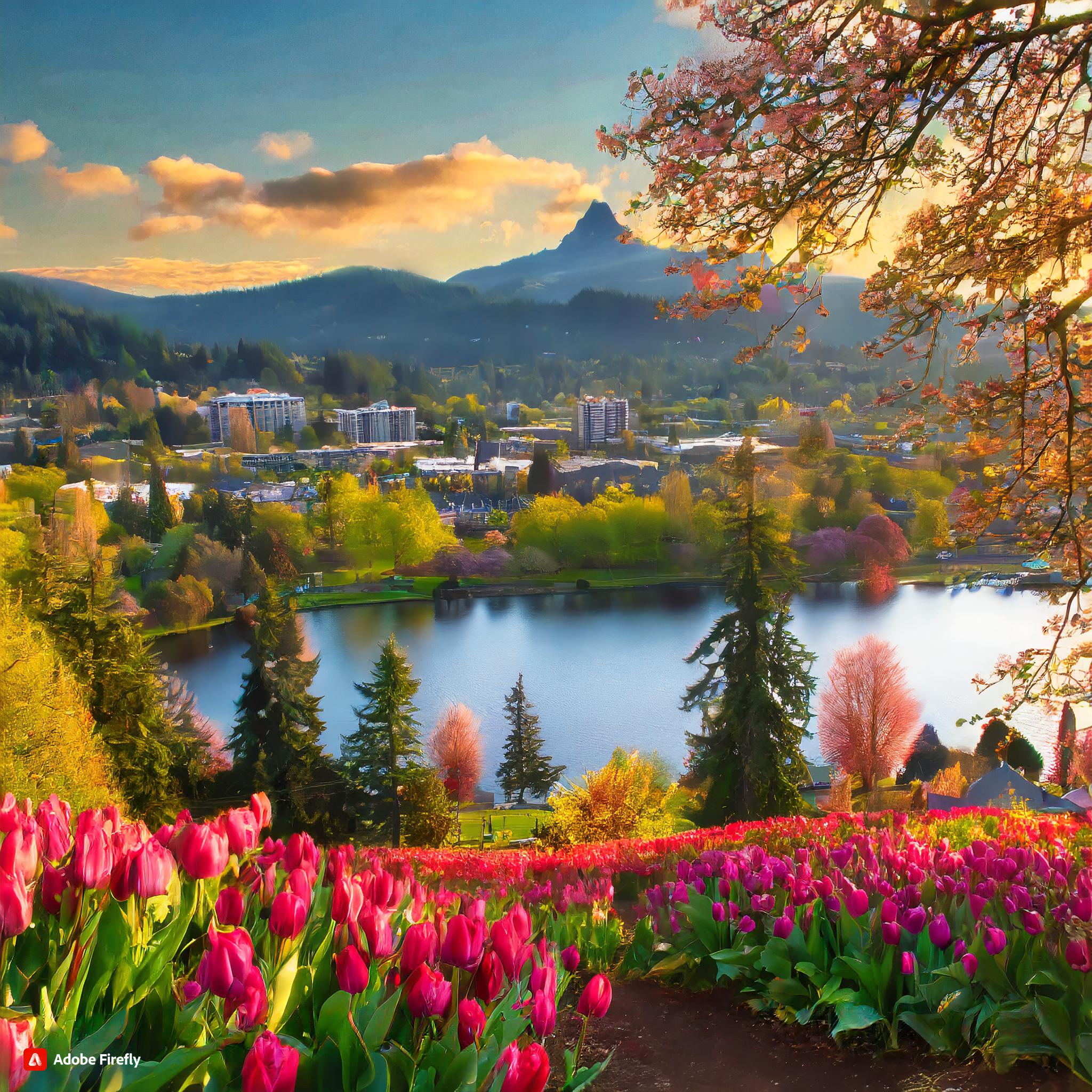  Landscpae of the city in Portland, Oregon, distant mountain view, spring folowers, fall colors, and lake before the city